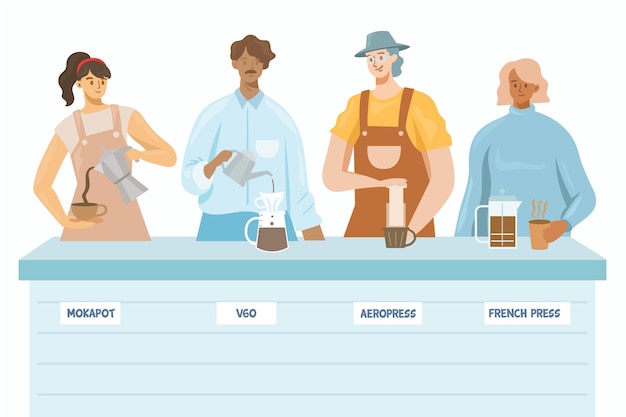 Vector gratuito personas que preparan diferentes métodos de café.