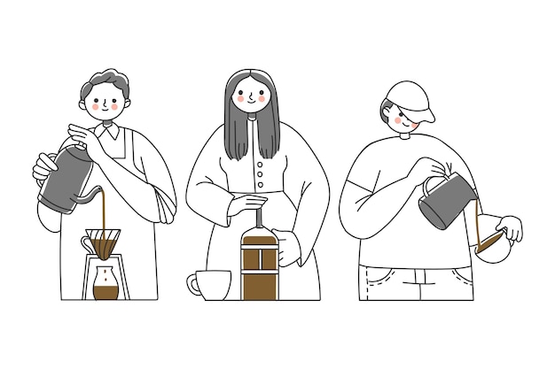 Personas que preparan diferentes métodos de café.