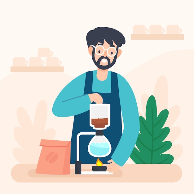 Personas que preparan diferentes métodos de café.