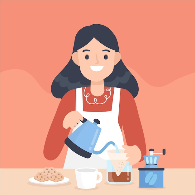 Vector gratuito personas que preparan diferentes métodos de café.