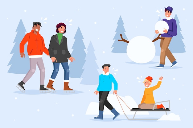 Vector gratuito personas que realizan actividades de invierno al aire libre.