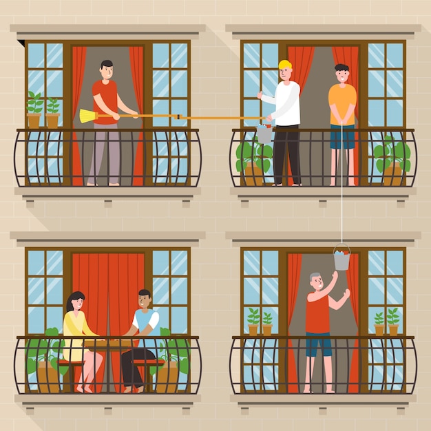 Personas que realizan actividades de ocio en los balcones.