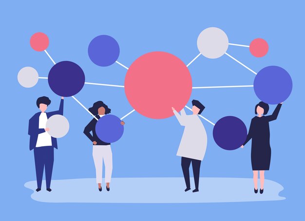 Personas que tienen conectados los iconos de círculo de espacio de copia