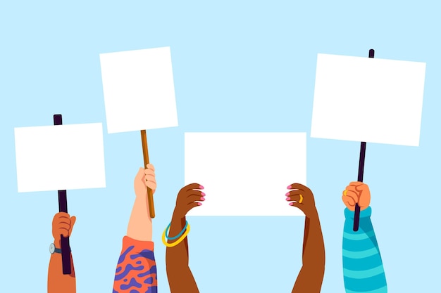 Las personas que tienen sus brazos levantados con pancartas vacías