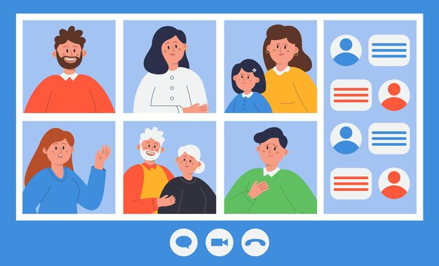 Personas que tienen videollamadas mediante teléfono, computadora o tableta y se comunican en el chat en casa. Ancianos, padres, pareja charlando en línea durante la ilustración de vector plano de cuarentena. Concepto de familia