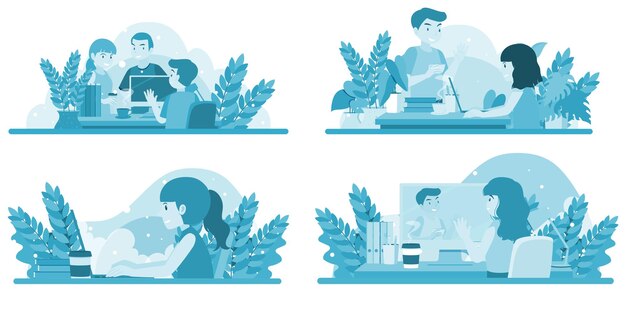 Personas que trabajan en el espacio de coworking diseño plano simple