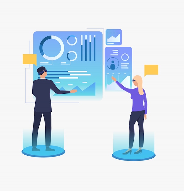 Personas que trabajan y hacen tapping en pantallas virtuales futuristas.