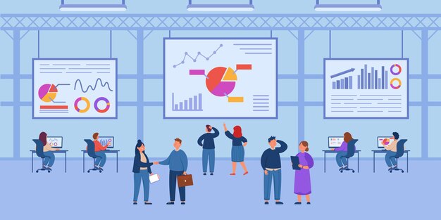Personas que trabajan en la ilustración de vector plano del centro de control de datos. Hombres y mujeres analizando estadísticas, diagramas, brindando seguridad informática y de software. concepto de departamento de ciberseguridad