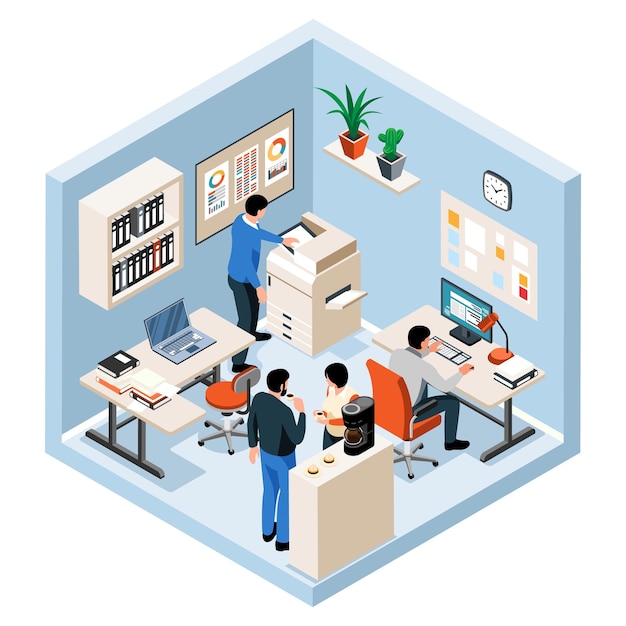 Personas que trabajan juntas en el proyecto en la sala de la oficina objeto de color isométrico sobre fondo blanco ilustración vectorial aislada