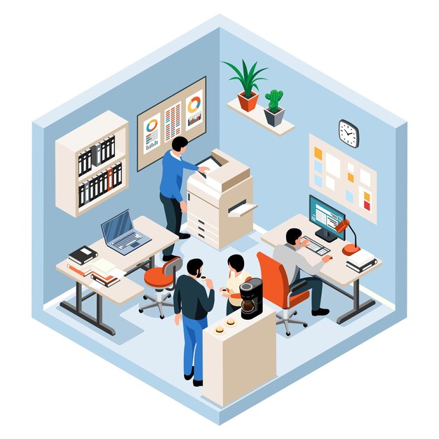 Personas que trabajan juntas en el proyecto en la sala de la oficina objeto de color isométrico sobre fondo blanco ilustración vectorial aislada