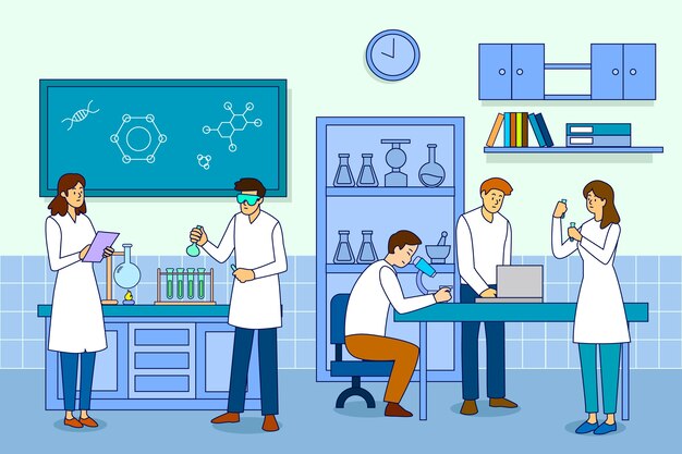 Personas que trabajan en el laboratorio de ciencias.