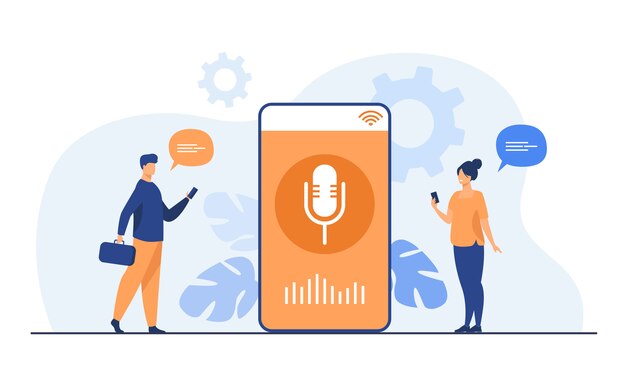 Personas que usan la aplicación de asistente de voz en el teléfono inteligente