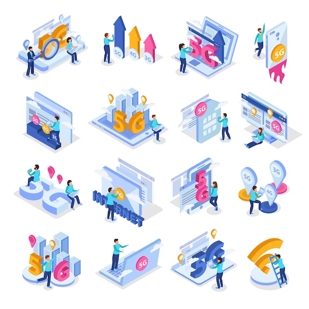 Personas que usan dispositivos electrónicos y navegan iconos isométricos de Internet 5g aislados en ilustración de vector de fondo blanco 3d