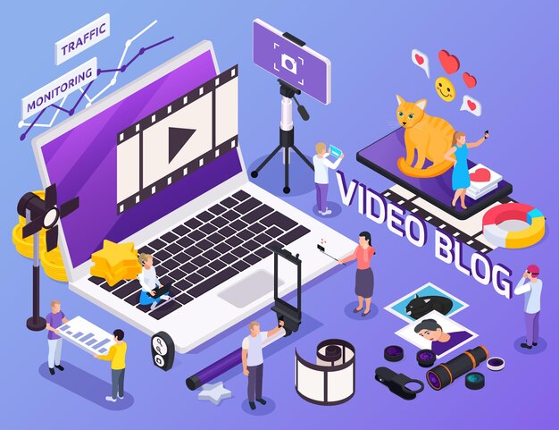 Personas que usan equipos para tomar fotos, hacer videos y mantener la composición isométrica del blog, ilustración 3d
