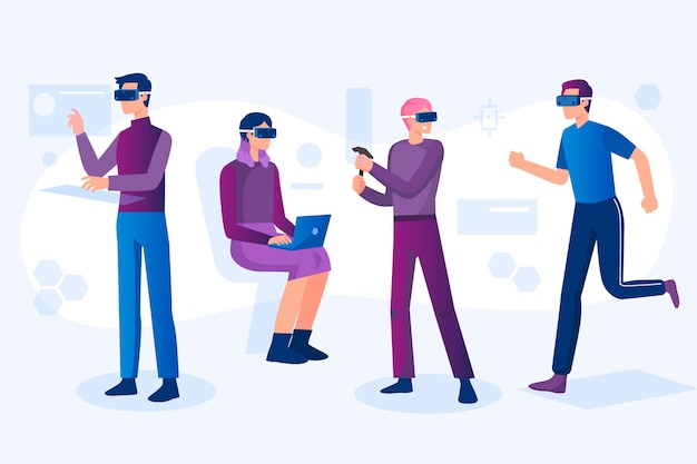 Vector gratuito personas que usan gafas de realidad virtual.