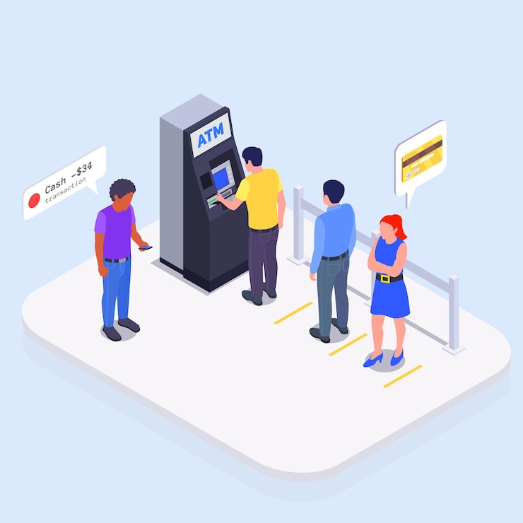Vector gratuito personas que usan interfaces cola de composición coloreada isométrica en cajeros automáticos para retirar dinero ilustración vectorial