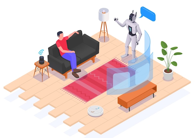 Personas que usan interfaces hombre de composición isométrica en casa sentado en el sofá mirando la pantalla de proyección comunicándose con el robot y la ilustración del asistente de voz