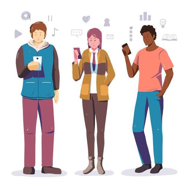 Personas que usan sus teléfonos inteligentes ilustradas