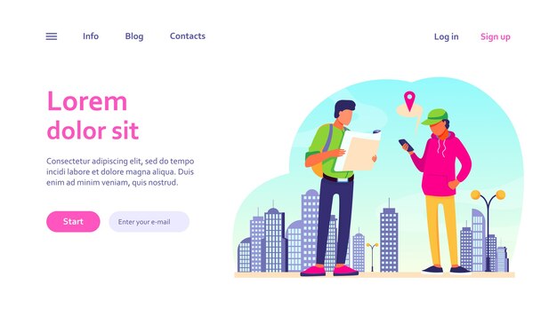 Personas que utilizan el mapa en papel y la aplicación de ubicación en el teléfono móvil. Turistas que encuentran camino en la ciudad. Navegación, concepto de viaje para el diseño de sitios web o páginas web de destino