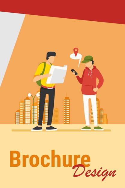 Personas que utilizan el mapa en papel y la aplicación de ubicación en el teléfono móvil. Turistas que encuentran camino en la ilustración de vector plano de la ciudad. Navegación, concepto de viaje