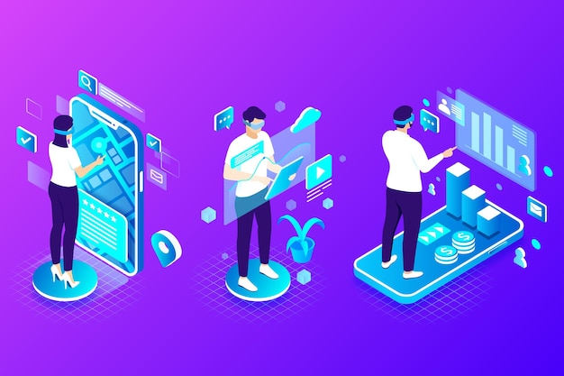 Vector gratuito personas que utilizan realidad aumentada en teléfonos inteligentes