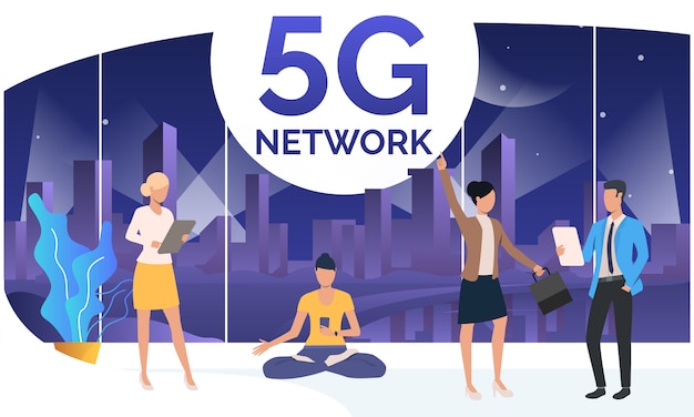 Personas que utilizan la red 5G en un espacio de trabajo conjunto