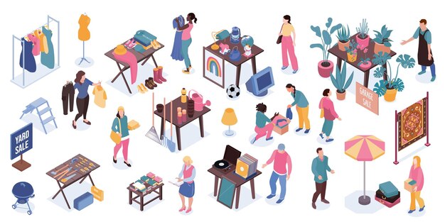Las personas que venden y compran productos en la venta de garaje iconos isométricos establecen ilustraciones vectoriales 3d aisladas
