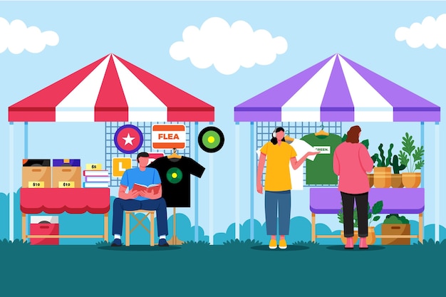 Personas que venden ropa en el mercado de pulgas al aire libre