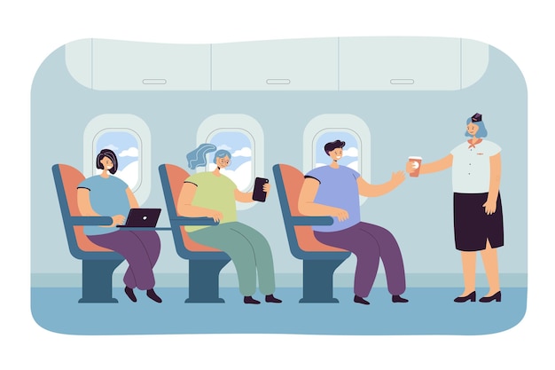 Personas que viajan en avión ilustración plana