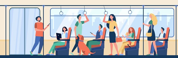 Personas que viajan en el metro. Viajeros sentados y de pie en el carro. Ilustración vectorial para pasajeros del metro, desplazamientos, concepto de transporte público