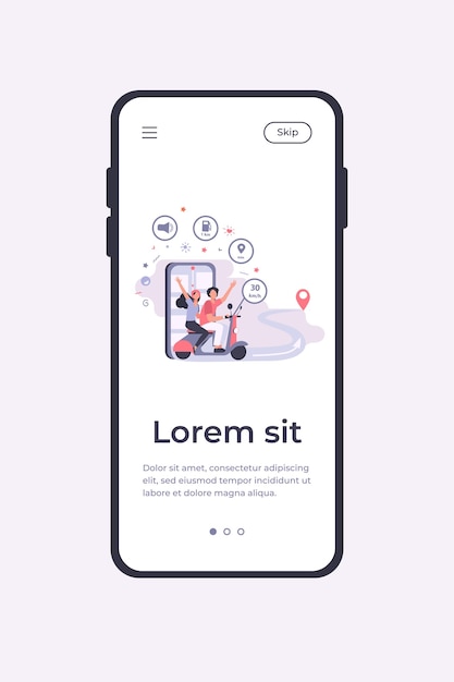 Personas que viajan en scooter, utilizando la aplicación de navegación y el mapa de la ciudad en el teléfono móvil para el seguimiento. Plantilla de aplicación móvil de ilustración vectorial