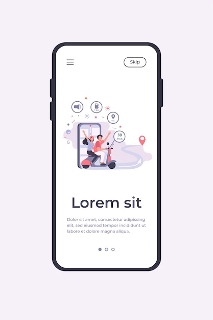 Personas que viajan en scooter, utilizando la aplicación de navegación y el mapa de la ciudad en el teléfono móvil para el seguimiento. plantilla de aplicación móvil de ilustración vectorial