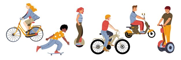 Personas que viajan en transporte urbano ecológico amigables con la naturaleza