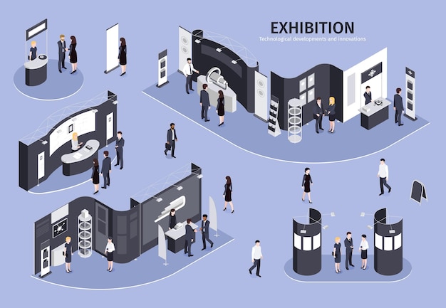 Personas que visitan la exposición sobre desarrollos tecnológicos e innovaciones temáticas isométricas con diferentes stands de exhibición en lila