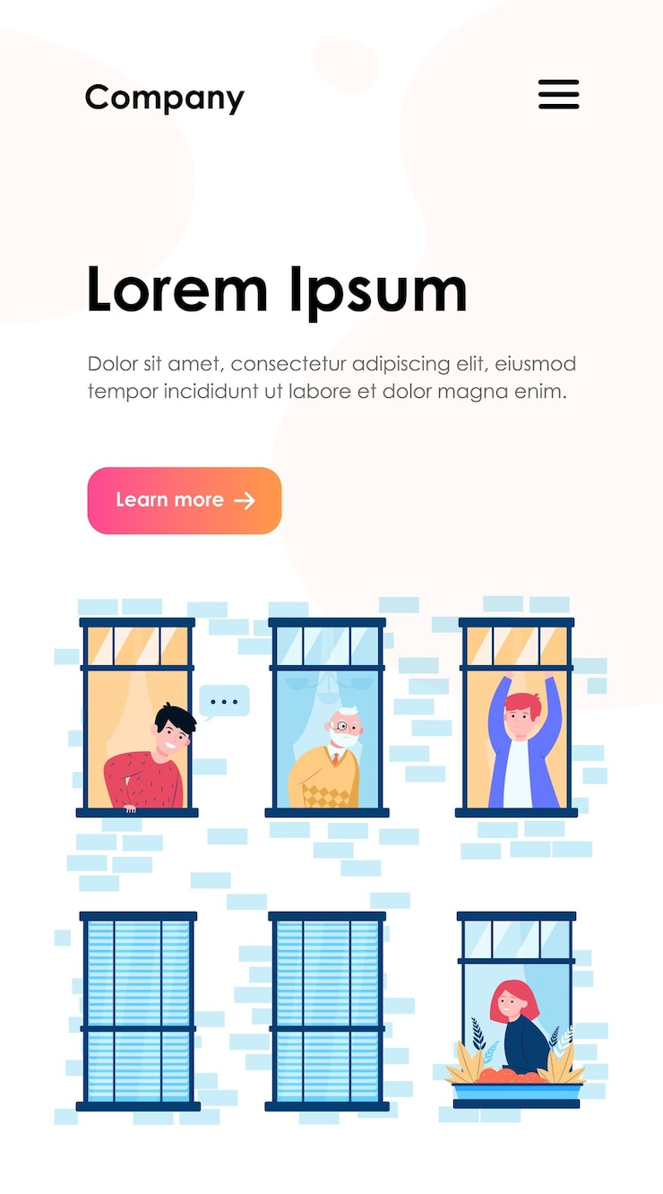 Vector gratuito personas que viven en un edificio. apartamento, ventana, vecino. concepto de estilo de vida y vecindario para el diseño de sitios web o páginas web de destino