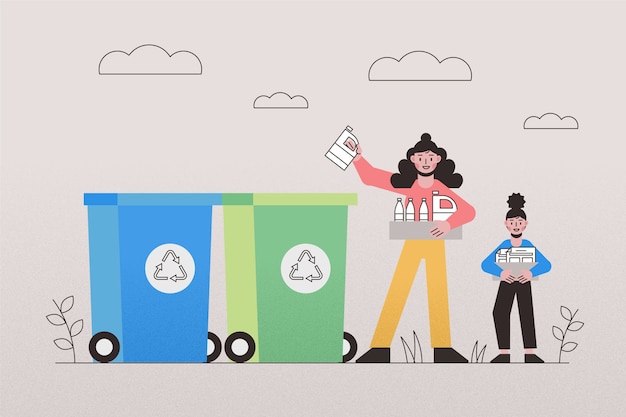 Vector gratuito personas reciclando diferentes objetos afuera