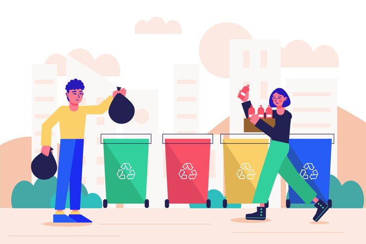 Vector gratuito personas reciclando diferentes objetos al aire libre