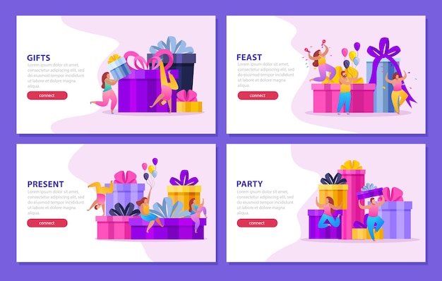 Personas con regalos 4 x 1 conjunto de s horizontales aisladas con botones de texto editables e imágenes de doodle