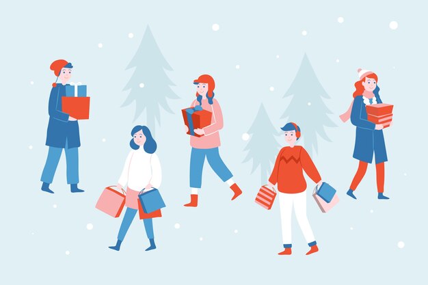 Personas con regalos de navidad en invierno