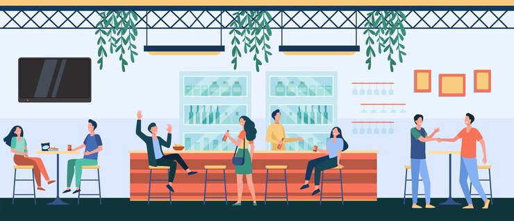 Vector gratuito personas reunidas en la cafetería, bebiendo cerveza en el pub, sentados en la mesa o en el mostrador y hablando. ilustración de vector de vida nocturna, fiesta, concepto de bar