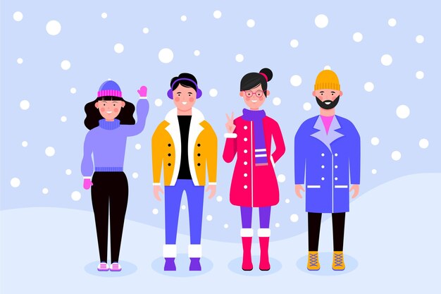 Vector gratuito personas en ropa acogedora en conjunto de invierno.