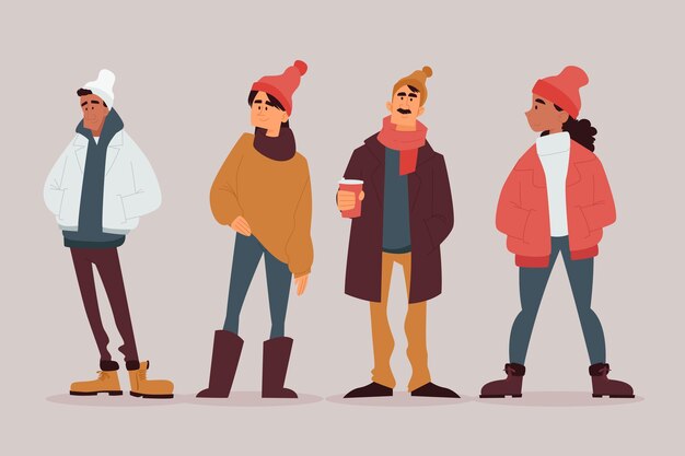 Personas con ropa de invierno acogedora diferente.