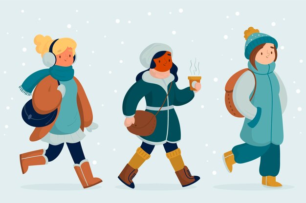 Personas con ropa de invierno acogedora.