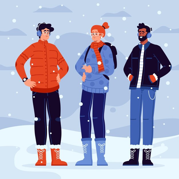 Personas con ropa de invierno acogedora.