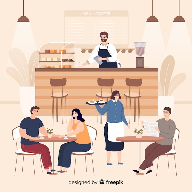 Personas sentadas en la cafetería
