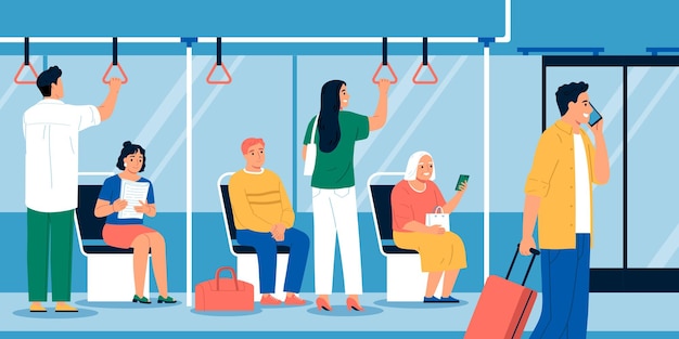 Vector gratuito personas sentadas y de pie en el autobús leyendo hablando por teléfono ilustración vectorial plana