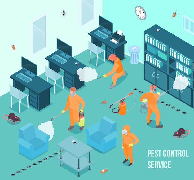 Personas del servicio de control de plagas haciendo desinfección en la oficina ilustración vectorial isométrica 3d