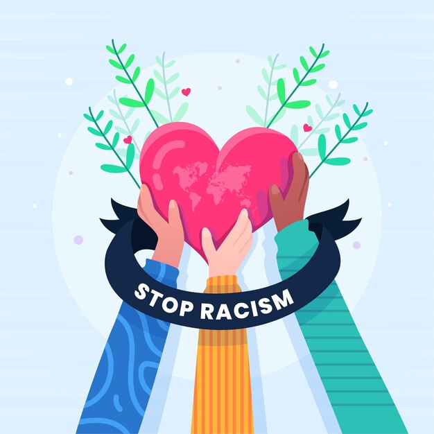 Personas sosteniendo un corazón con mensaje de detener el racismo