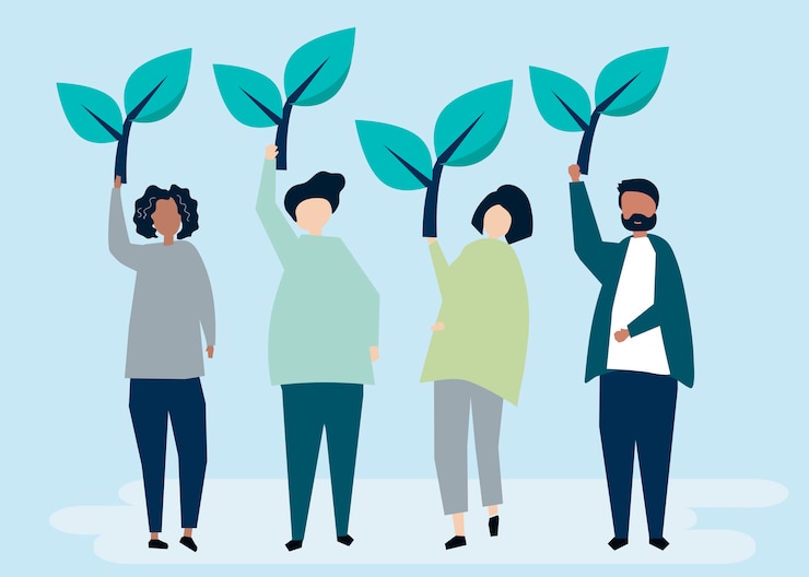 Vector gratuito personas sosteniendo íconos de árboles para elevar la conciencia ambiental.