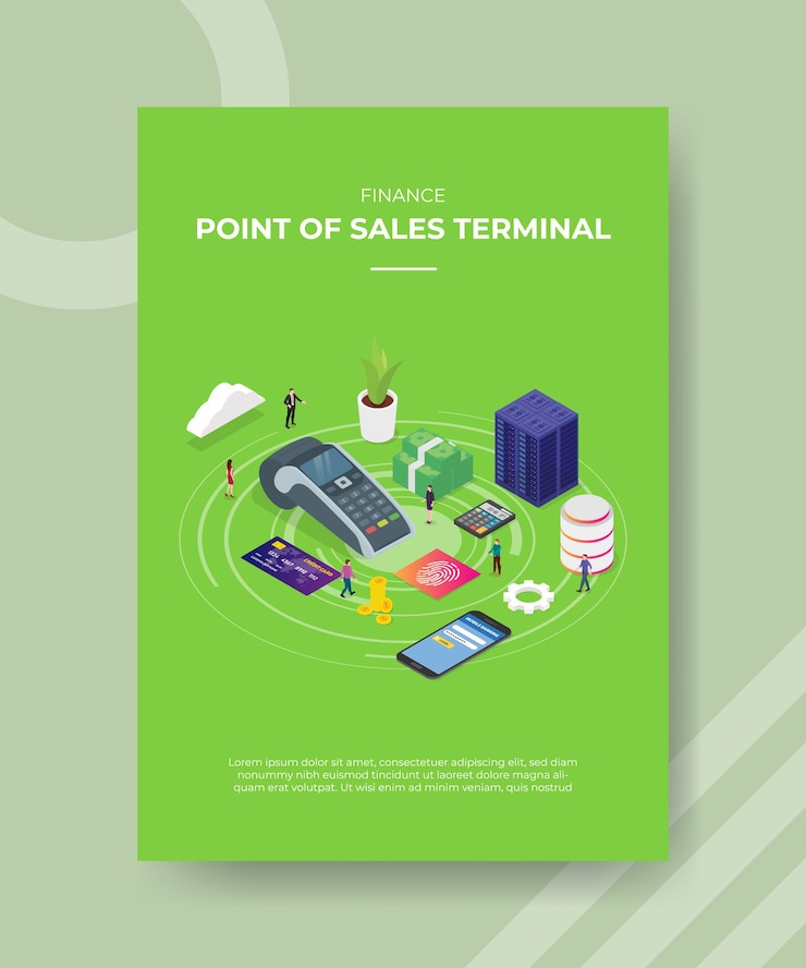 Vector gratuito personas de terminal de punto de ventas de finanzas de pie alrededor del servidor de teléfono inteligente de dinero de banco de tarjetas nfc para plantilla de folleto de banner